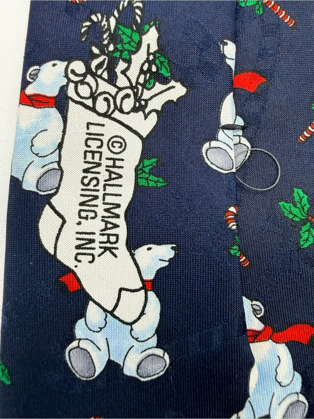 VTG Hallmark Christmas Polar Bear Candy Cane Navy Blue Men's Silk Holiday Tie